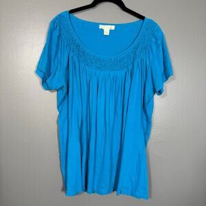 Stephanie Rogers Blue Y2K Boho Smocked Beaded Neck Top - 2X - Women's Plus Size